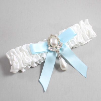 White and Alice Blue Satin Wedding Garter / White Wedding Garters / Wedding Garter / Custom Wedding Garter / Bridal Garter / Prom Garter / Linda Joyce Couture / Personalized Garter / Personalized Wedding Garter / Personalized Prom Garter
