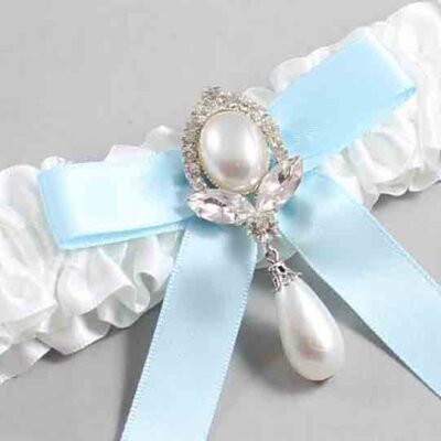 White and Alice Blue Satin Wedding Garter / White Wedding Garters / Wedding Garter / Custom Wedding Garter / Bridal Garter / Prom Garter / Linda Joyce Couture / Personalized Garter / Personalized Wedding Garter / Personalized Prom Garter