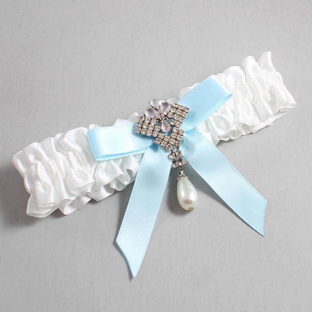 White and Alice Blue Satin Wedding Garter / White Wedding Garters / Wedding Garter / Custom Wedding Garter / Bridal Garter / Prom Garter / Linda Joyce Couture / Personalized Garter / Personalized Wedding Garter / Personalized Prom Garter