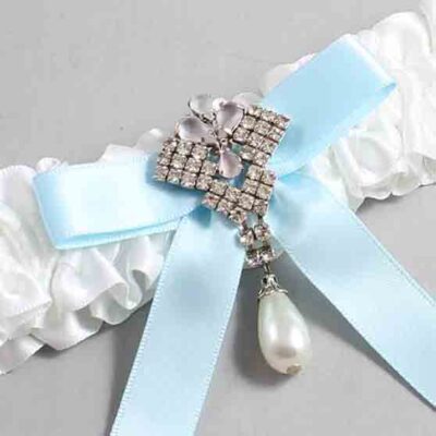 White and Alice Blue Satin Wedding Garter / White Wedding Garters / Wedding Garter / Custom Wedding Garter / Bridal Garter / Prom Garter / Linda Joyce Couture / Personalized Garter / Personalized Wedding Garter / Personalized Prom Garter