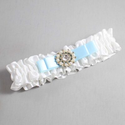 White and Alice Blue Satin Wedding Garter / White Wedding Garters / Wedding Garter / Custom Wedding Garter / Bridal Garter / Prom Garter / Linda Joyce Couture / Personalized Garter / Personalized Wedding Garter / Personalized Prom Garter