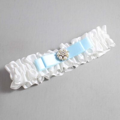 White and Alice Blue Satin Wedding Garter / White Wedding Garters / Wedding Garter / Custom Wedding Garter / Bridal Garter / Prom Garter / Linda Joyce Couture / Personalized Garter / Personalized Wedding Garter / Personalized Prom Garter