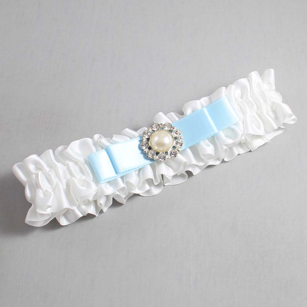 White and Alice Blue Satin Wedding Garter / White Wedding Garters / Wedding Garter / Custom Wedding Garter / Bridal Garter / Prom Garter / Linda Joyce Couture / Personalized Garter / Personalized Wedding Garter / Personalized Prom Garter
