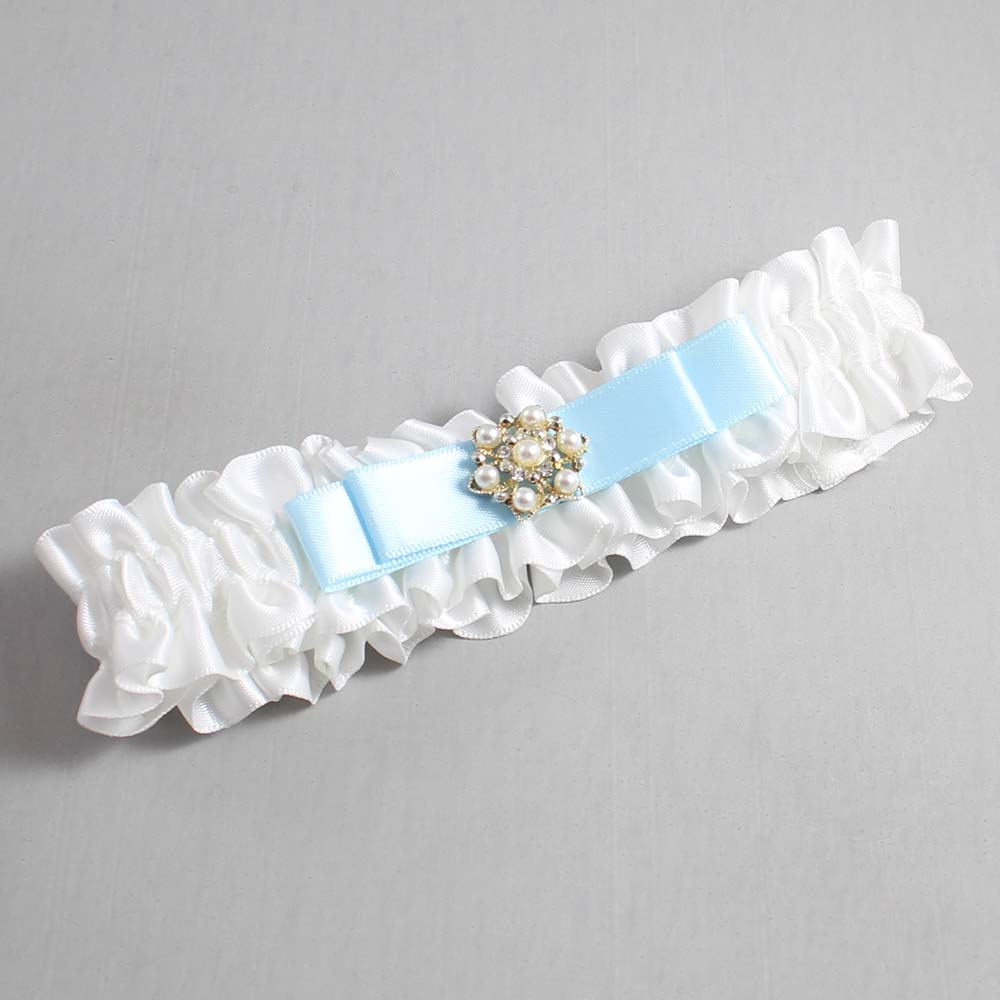 White and Alice Blue Satin Wedding Garter / White Wedding Garters / Wedding Garter / Custom Wedding Garter / Bridal Garter / Prom Garter / Linda Joyce Couture / Personalized Garter / Personalized Wedding Garter / Personalized Prom Garter