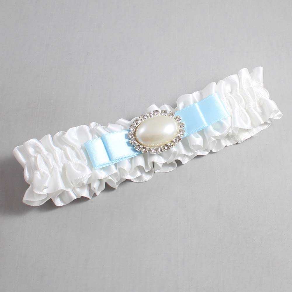 White and Alice Blue Satin Wedding Garter / White Wedding Garters / Wedding Garter / Custom Wedding Garter / Bridal Garter / Prom Garter / Linda Joyce Couture / Personalized Garter / Personalized Wedding Garter / Personalized Prom Garter