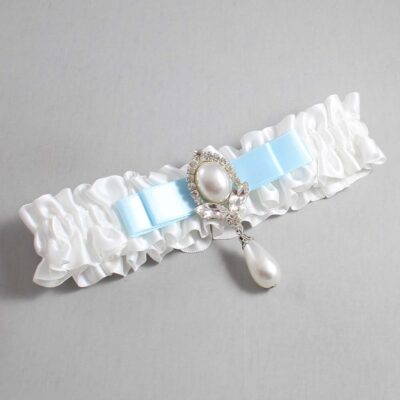 White and Alice Blue Satin Wedding Garter / White Wedding Garters / Wedding Garter / Custom Wedding Garter / Bridal Garter / Prom Garter / Linda Joyce Couture / Personalized Garter / Personalized Wedding Garter / Personalized Prom Garter