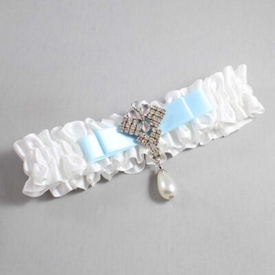 White and Alice Blue Satin Wedding Garter / White Wedding Garters / Wedding Garter / Custom Wedding Garter / Bridal Garter / Prom Garter / Linda Joyce Couture / Personalized Garter / Personalized Wedding Garter / Personalized Prom Garter