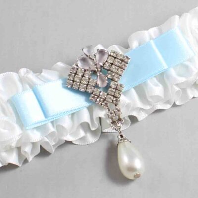 White and Alice Blue Satin Wedding Garter / White Wedding Garters / Wedding Garter / Custom Wedding Garter / Bridal Garter / Prom Garter / Linda Joyce Couture / Personalized Garter / Personalized Wedding Garter / Personalized Prom Garter
