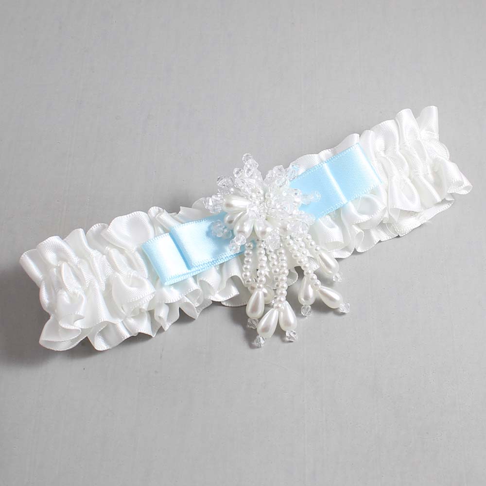 White and Alice Blue Satin Wedding Garter / White Wedding Garters / Wedding Garter / Custom Wedding Garter / Bridal Garter / Prom Garter / Linda Joyce Couture / Personalized Garter / Personalized Wedding Garter / Personalized Prom Garter