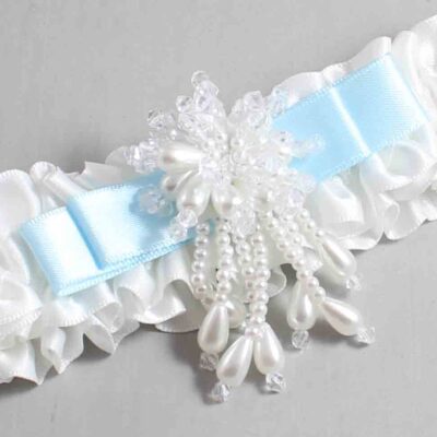 White and Alice Blue Satin Wedding Garter / White Wedding Garters / Wedding Garter / Custom Wedding Garter / Bridal Garter / Prom Garter / Linda Joyce Couture / Personalized Garter / Personalized Wedding Garter / Personalized Prom Garter