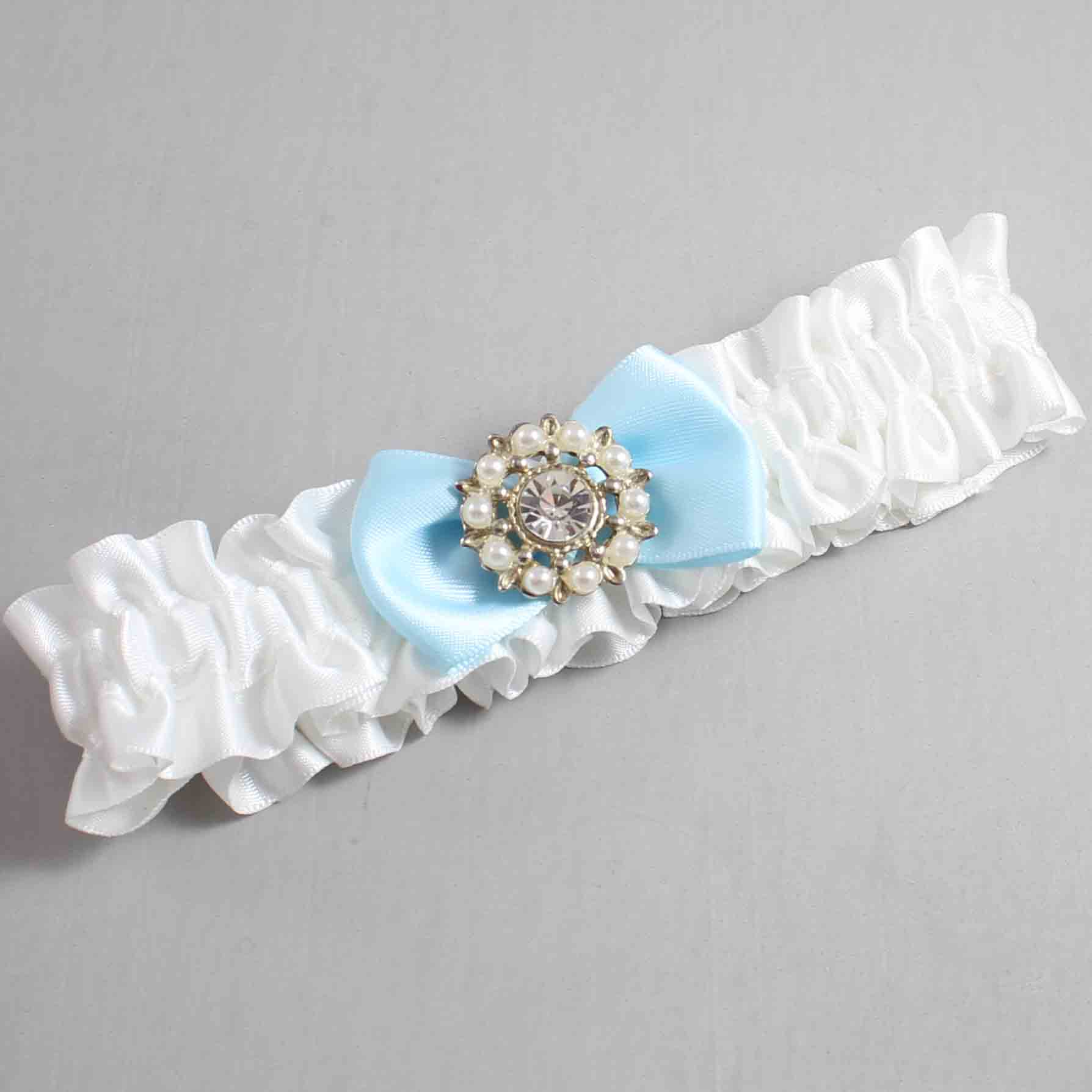 White and Alice Blue Satin Wedding Garter / White Wedding Garters / Wedding Garter / Custom Wedding Garter / Bridal Garter / Prom Garter / Linda Joyce Couture / Personalized Garter / Personalized Wedding Garter / Personalized Prom Garter