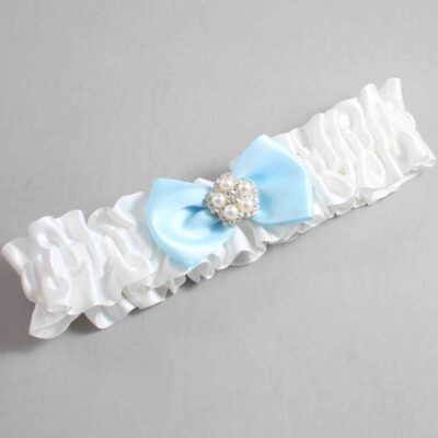 White and Alice Blue Satin Wedding Garter / White Wedding Garters / Wedding Garter / Custom Wedding Garter / Bridal Garter / Prom Garter / Linda Joyce Couture / Personalized Garter / Personalized Wedding Garter / Personalized Prom Garter