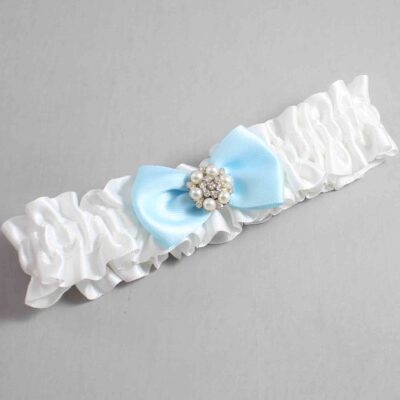 White and Alice Blue Satin Wedding Garter / White Wedding Garters / Wedding Garter / Custom Wedding Garter / Bridal Garter / Prom Garter / Linda Joyce Couture / Personalized Garter / Personalized Wedding Garter / Personalized Prom Garter