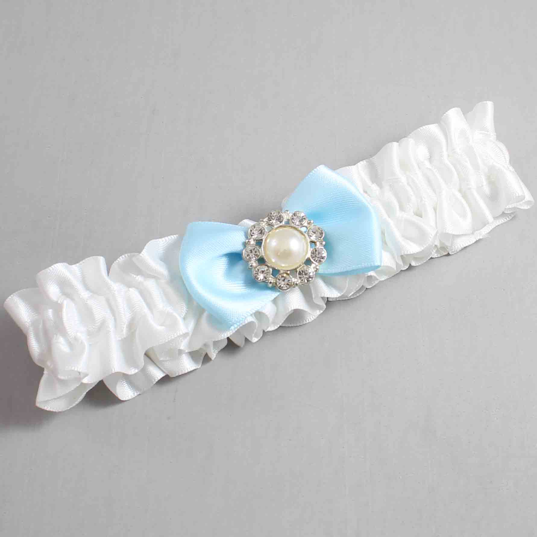 White and Alice Blue Satin Wedding Garter / White Wedding Garters / Wedding Garter / Custom Wedding Garter / Bridal Garter / Prom Garter / Linda Joyce Couture / Personalized Garter / Personalized Wedding Garter / Personalized Prom Garter