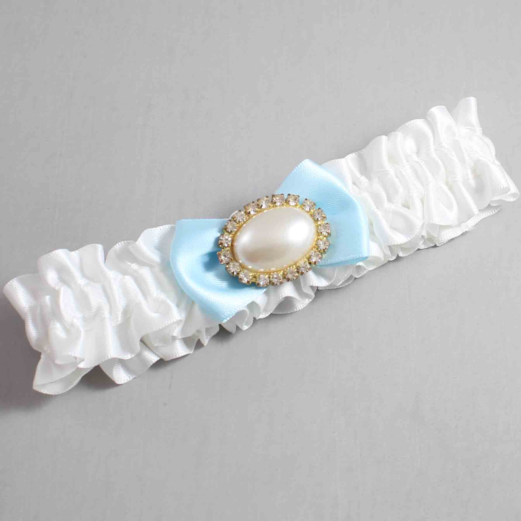 White and Alice Blue Satin Wedding Garter / White Wedding Garters / Wedding Garter / Custom Wedding Garter / Bridal Garter / Prom Garter / Linda Joyce Couture / Personalized Garter / Personalized Wedding Garter / Personalized Prom Garter
