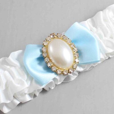 White and Alice Blue Satin Wedding Garter / White Wedding Garters / Wedding Garter / Custom Wedding Garter / Bridal Garter / Prom Garter / Linda Joyce Couture / Personalized Garter / Personalized Wedding Garter / Personalized Prom Garter
