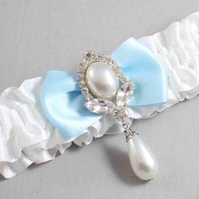 White and Alice Blue Satin Wedding Garter / White Wedding Garters / Wedding Garter / Custom Wedding Garter / Bridal Garter / Prom Garter / Linda Joyce Couture / Personalized Garter / Personalized Wedding Garter / Personalized Prom Garter