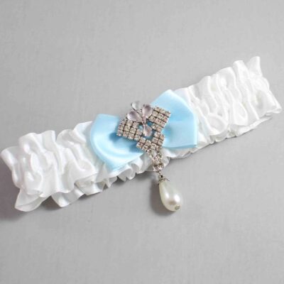White and Alice Blue Satin Wedding Garter / White Wedding Garters / Wedding Garter / Custom Wedding Garter / Bridal Garter / Prom Garter / Linda Joyce Couture / Personalized Garter / Personalized Wedding Garter / Personalized Prom Garter