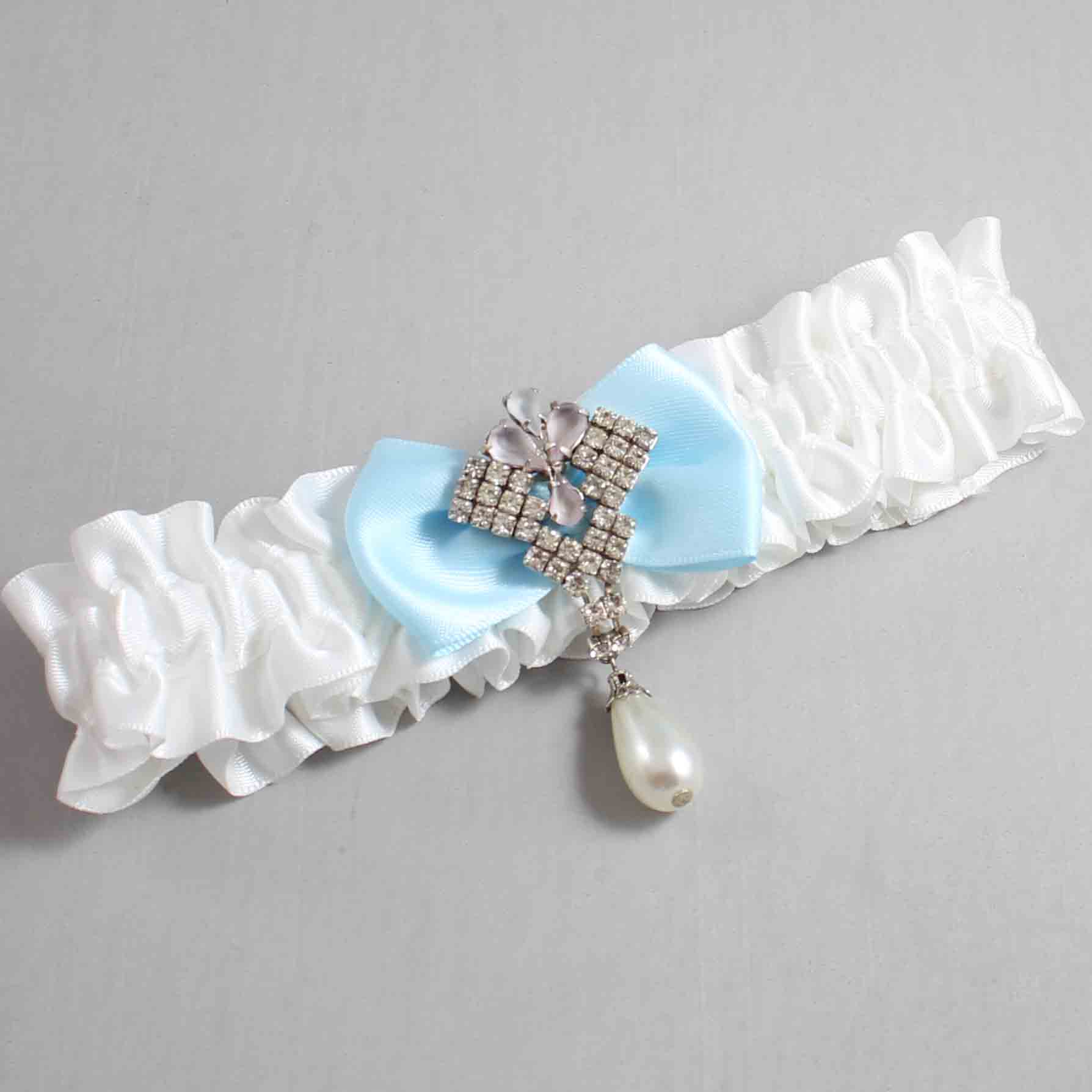 White and Alice Blue Satin Wedding Garter / White Wedding Garters / Wedding Garter / Custom Wedding Garter / Bridal Garter / Prom Garter / Linda Joyce Couture / Personalized Garter / Personalized Wedding Garter / Personalized Prom Garter
