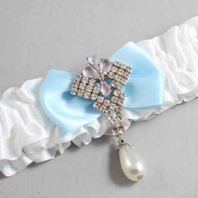 White and Alice Blue Satin Wedding Garter / White Wedding Garters / Wedding Garter / Custom Wedding Garter / Bridal Garter / Prom Garter / Linda Joyce Couture / Personalized Garter / Personalized Wedding Garter / Personalized Prom Garter