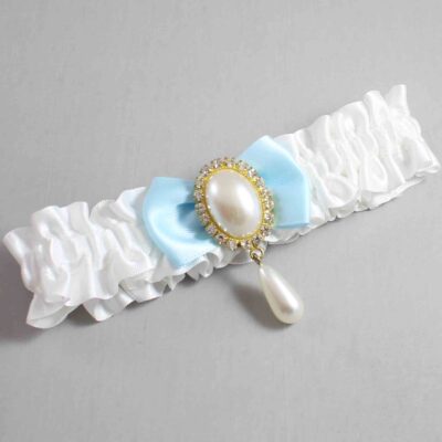 White and Alice Blue Satin Wedding Garter / White Wedding Garters / Wedding Garter / Custom Wedding Garter / Bridal Garter / Prom Garter / Linda Joyce Couture / Personalized Garter / Personalized Wedding Garter / Personalized Prom Garter