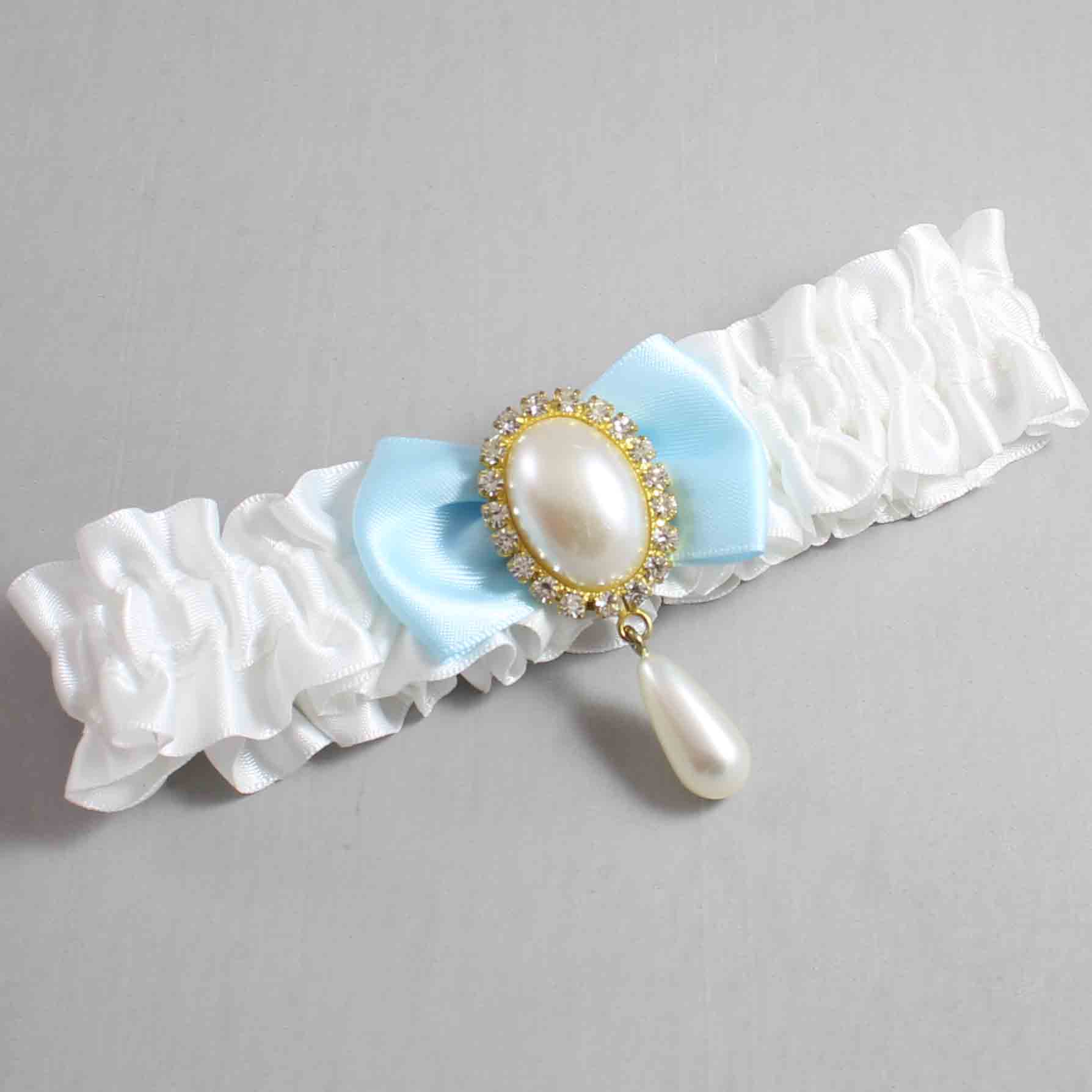 White and Alice Blue Satin Wedding Garter / White Wedding Garters / Wedding Garter / Custom Wedding Garter / Bridal Garter / Prom Garter / Linda Joyce Couture / Personalized Garter / Personalized Wedding Garter / Personalized Prom Garter