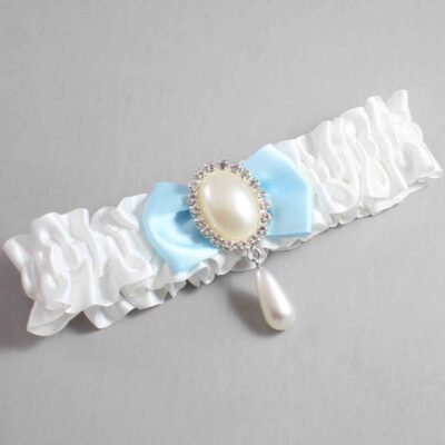 White and Alice Blue Satin Wedding Garter / White Wedding Garters / Wedding Garter / Custom Wedding Garter / Bridal Garter / Prom Garter / Linda Joyce Couture / Personalized Garter / Personalized Wedding Garter / Personalized Prom Garter