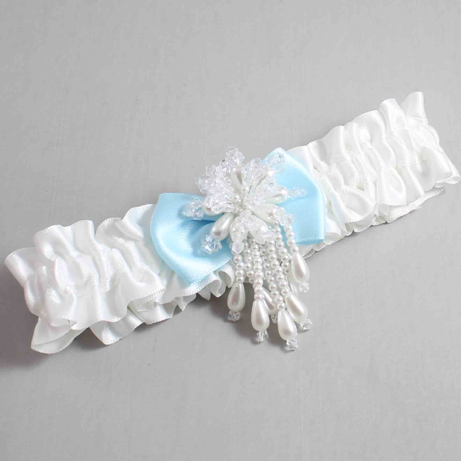 White and Alice Blue Satin Wedding Garter / White Wedding Garters / Wedding Garter / Custom Wedding Garter / Bridal Garter / Prom Garter / Linda Joyce Couture / Personalized Garter / Personalized Wedding Garter / Personalized Prom Garter