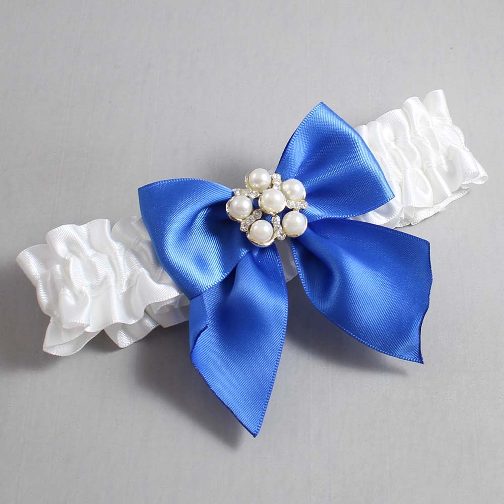 White and Royal Blue Satin Wedding Garter / White and Blue Wedding Garters / Wedding Garter / Custom Wedding Garter / Bridal Garter / Prom Garter / Linda Joyce Couture / Personalized Garter / Personalized Wedding Garter / Personalized Prom Garter