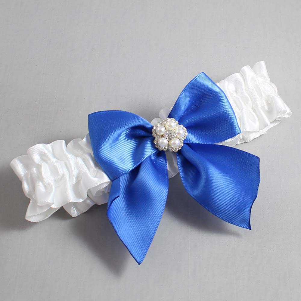 White and Royal Blue Satin Wedding Garter / White and Blue Wedding Garters / Wedding Garter / Custom Wedding Garter / Bridal Garter / Prom Garter / Linda Joyce Couture / Personalized Garter / Personalized Wedding Garter / Personalized Prom Garter