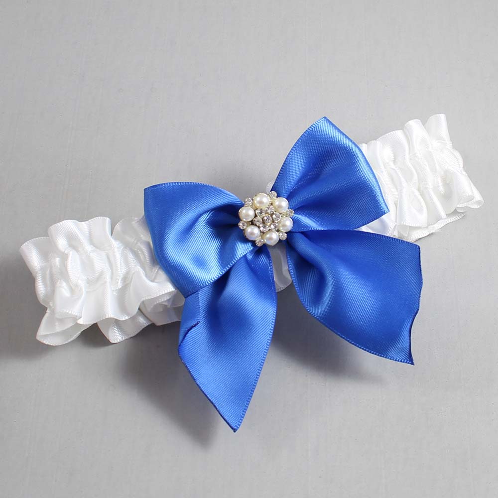 White and Royal Blue Satin Wedding Garter / White and Blue Wedding Garters / Wedding Garter / Custom Wedding Garter / Bridal Garter / Prom Garter / Linda Joyce Couture / Personalized Garter / Personalized Wedding Garter / Personalized Prom Garter