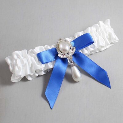 White and Royal Blue Satin Wedding Garter / White Wedding Garters / Wedding Garter / Custom Wedding Garter / Bridal Garter / Prom Garter / Linda Joyce Couture / Personalized Garter / Personalized Wedding Garter / Personalized Prom Garter