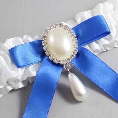 White and Royal Blue Satin Wedding Garter / White Wedding Garters / Wedding Garter / Custom Wedding Garter / Bridal Garter / Prom Garter / Linda Joyce Couture / Personalized Garter / Personalized Wedding Garter / Personalized Prom Garter