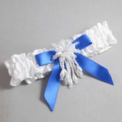 White and Royal Blue Satin Wedding Garter / White Wedding Garters / Wedding Garter / Custom Wedding Garter / Bridal Garter / Prom Garter / Linda Joyce Couture / Personalized Garter / Personalized Wedding Garter / Personalized Prom Garter