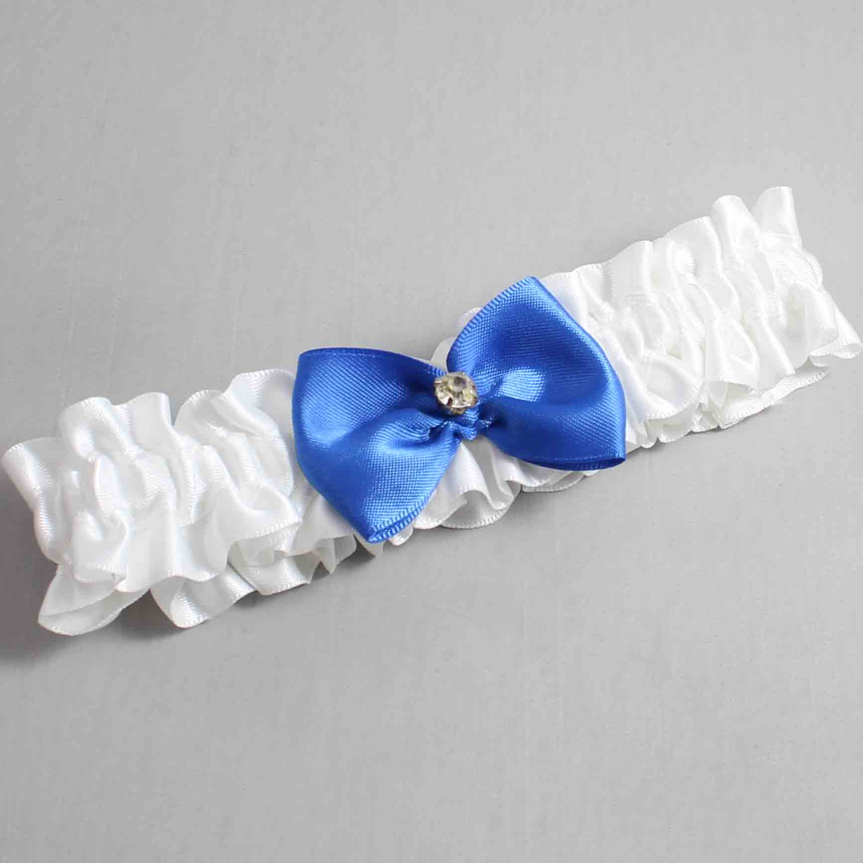 White and Royal Blue Satin Wedding Garter / White Wedding Garters / Wedding Garter / Custom Wedding Garter / Bridal Garter / Prom Garter / Linda Joyce Couture / Personalized Garter / Personalized Wedding Garter / Personalized Prom Garter