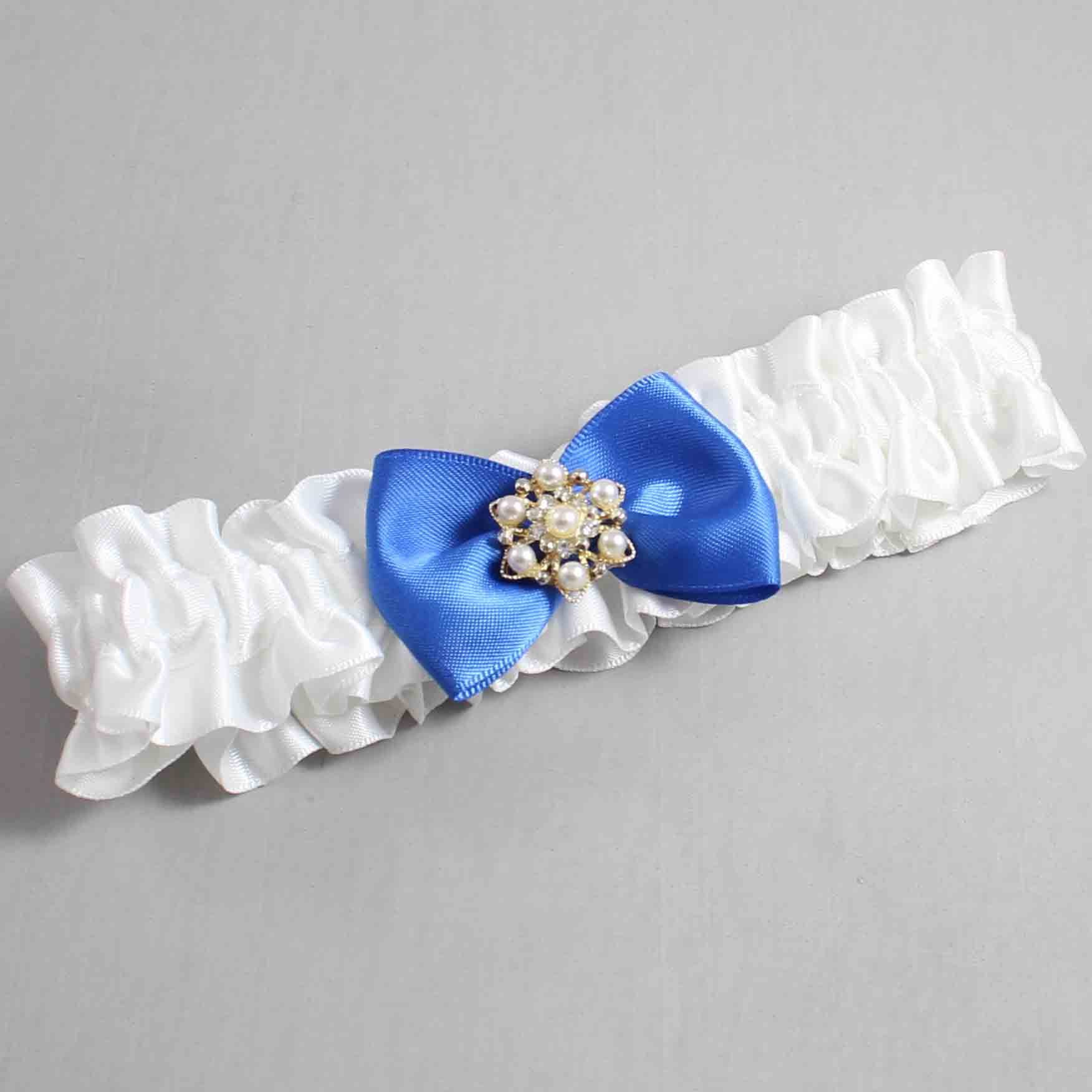 White and Royal Blue Satin Wedding Garter / White Wedding Garters / Wedding Garter / Custom Wedding Garter / Bridal Garter / Prom Garter / Linda Joyce Couture / Personalized Garter / Personalized Wedding Garter / Personalized Prom Garter