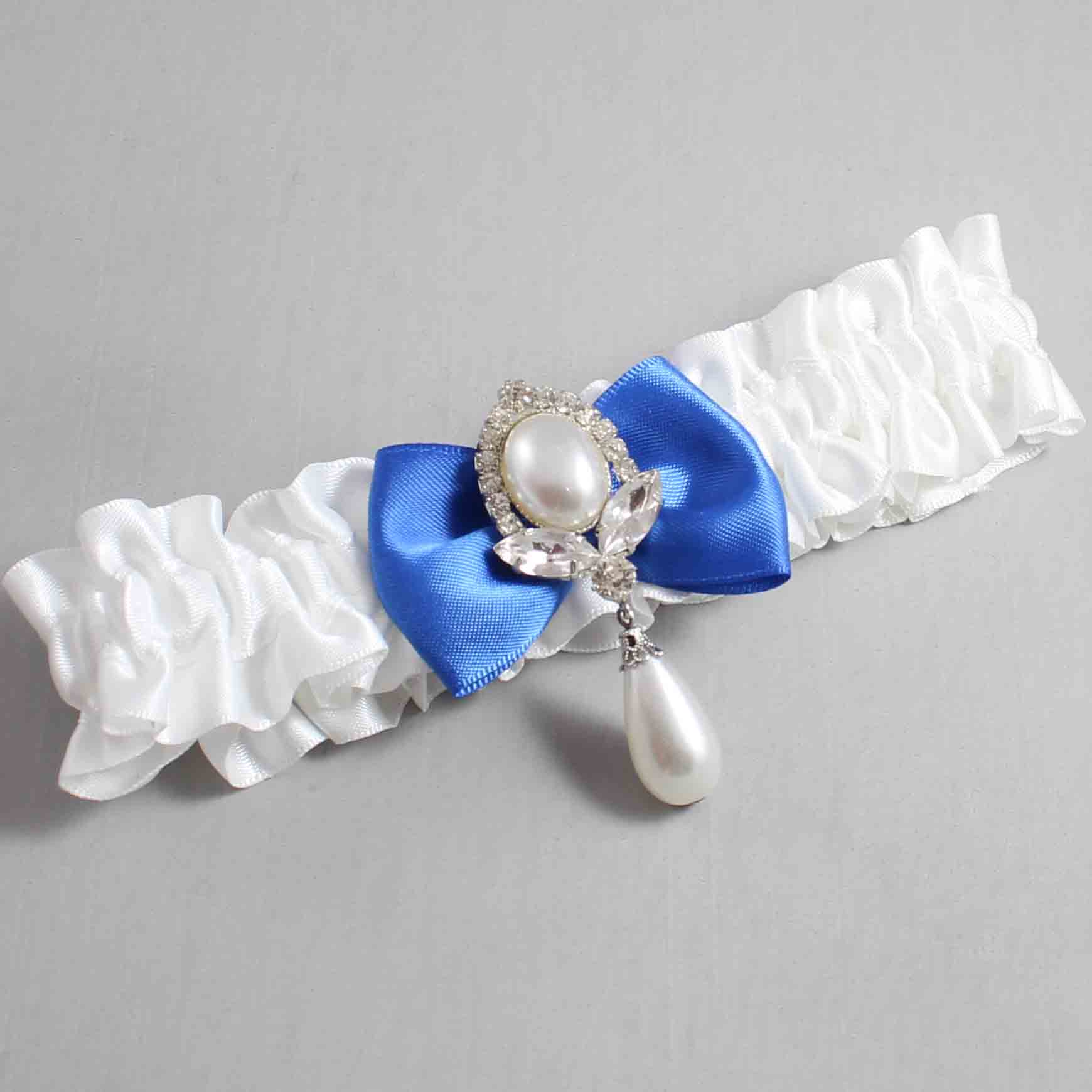 White and Royal Blue Satin Wedding Garter / White Wedding Garters / Wedding Garter / Custom Wedding Garter / Bridal Garter / Prom Garter / Linda Joyce Couture / Personalized Garter / Personalized Wedding Garter / Personalized Prom Garter