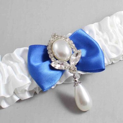 White and Royal Blue Satin Wedding Garter / White Wedding Garters / Wedding Garter / Custom Wedding Garter / Bridal Garter / Prom Garter / Linda Joyce Couture / Personalized Garter / Personalized Wedding Garter / Personalized Prom Garter