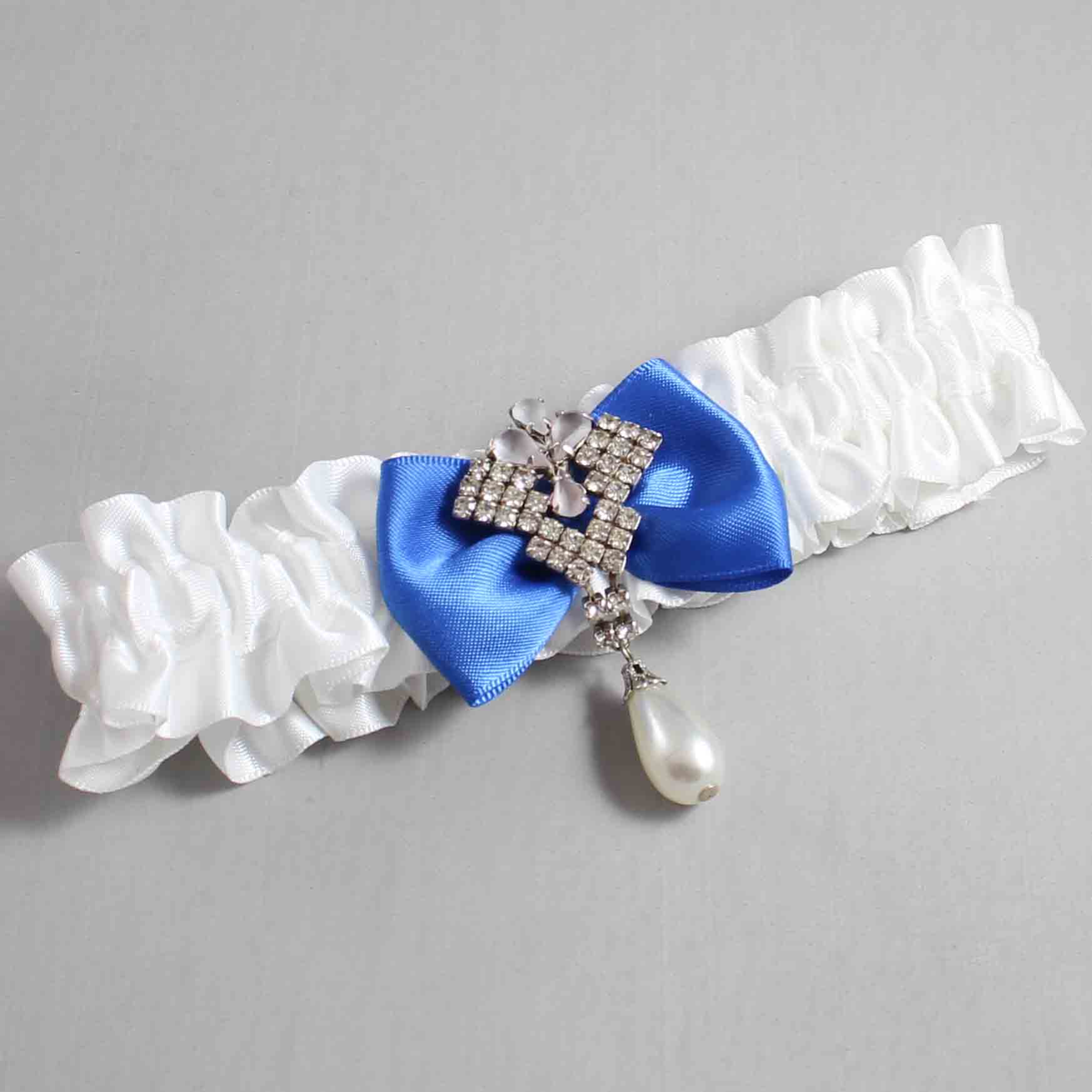 White and Royal Blue Satin Wedding Garter / White Wedding Garters / Wedding Garter / Custom Wedding Garter / Bridal Garter / Prom Garter / Linda Joyce Couture / Personalized Garter / Personalized Wedding Garter / Personalized Prom Garter
