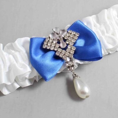 White and Royal Blue Satin Wedding Garter / White Wedding Garters / Wedding Garter / Custom Wedding Garter / Bridal Garter / Prom Garter / Linda Joyce Couture / Personalized Garter / Personalized Wedding Garter / Personalized Prom Garter