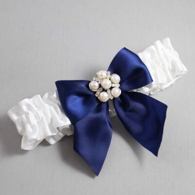 White and Navy Blue Satin Wedding Garter / White and Blue Wedding Garters / Wedding Garter / Custom Wedding Garter / Bridal Garter / Prom Garter / Linda Joyce Couture / Personalized Garter / Personalized Wedding Garter / Personalized Prom Garter