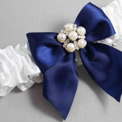 White and Navy Blue Satin Wedding Garter / White and Blue Wedding Garters / Wedding Garter / Custom Wedding Garter / Bridal Garter / Prom Garter / Linda Joyce Couture / Personalized Garter / Personalized Wedding Garter / Personalized Prom Garter