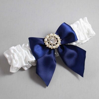 White and Navy Blue Satin Wedding Garter / White and Blue Wedding Garters / Wedding Garter / Custom Wedding Garter / Bridal Garter / Prom Garter / Linda Joyce Couture / Personalized Garter / Personalized Wedding Garter / Personalized Prom Garter