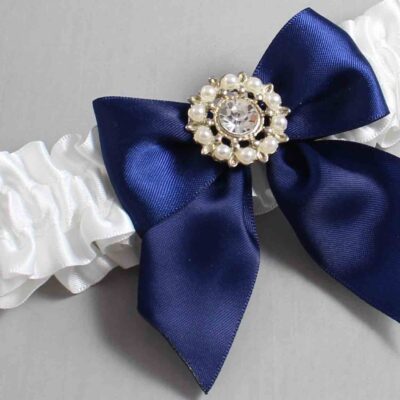 White and Navy Blue Satin Wedding Garter / White and Blue Wedding Garters / Wedding Garter / Custom Wedding Garter / Bridal Garter / Prom Garter / Linda Joyce Couture / Personalized Garter / Personalized Wedding Garter / Personalized Prom Garter