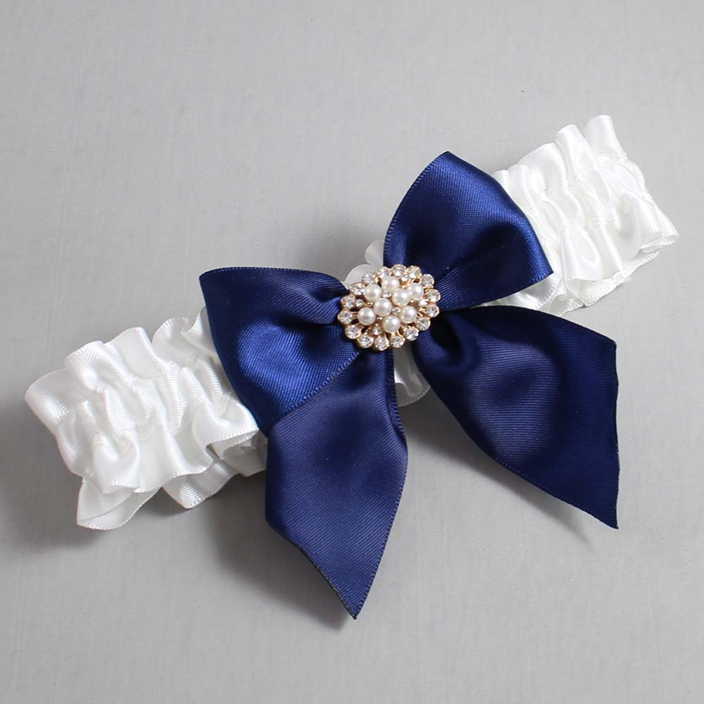 White and Navy Blue Satin Wedding Garter / White and Blue Wedding Garters / Wedding Garter / Custom Wedding Garter / Bridal Garter / Prom Garter / Linda Joyce Couture / Personalized Garter / Personalized Wedding Garter / Personalized Prom Garter