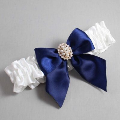 White and Navy Blue Satin Wedding Garter / White and Blue Wedding Garters / Wedding Garter / Custom Wedding Garter / Bridal Garter / Prom Garter / Linda Joyce Couture / Personalized Garter / Personalized Wedding Garter / Personalized Prom Garter