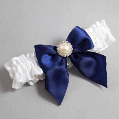 White and Navy Blue Satin Wedding Garter / White and Blue Wedding Garters / Wedding Garter / Custom Wedding Garter / Bridal Garter / Prom Garter / Linda Joyce Couture / Personalized Garter / Personalized Wedding Garter / Personalized Prom Garter