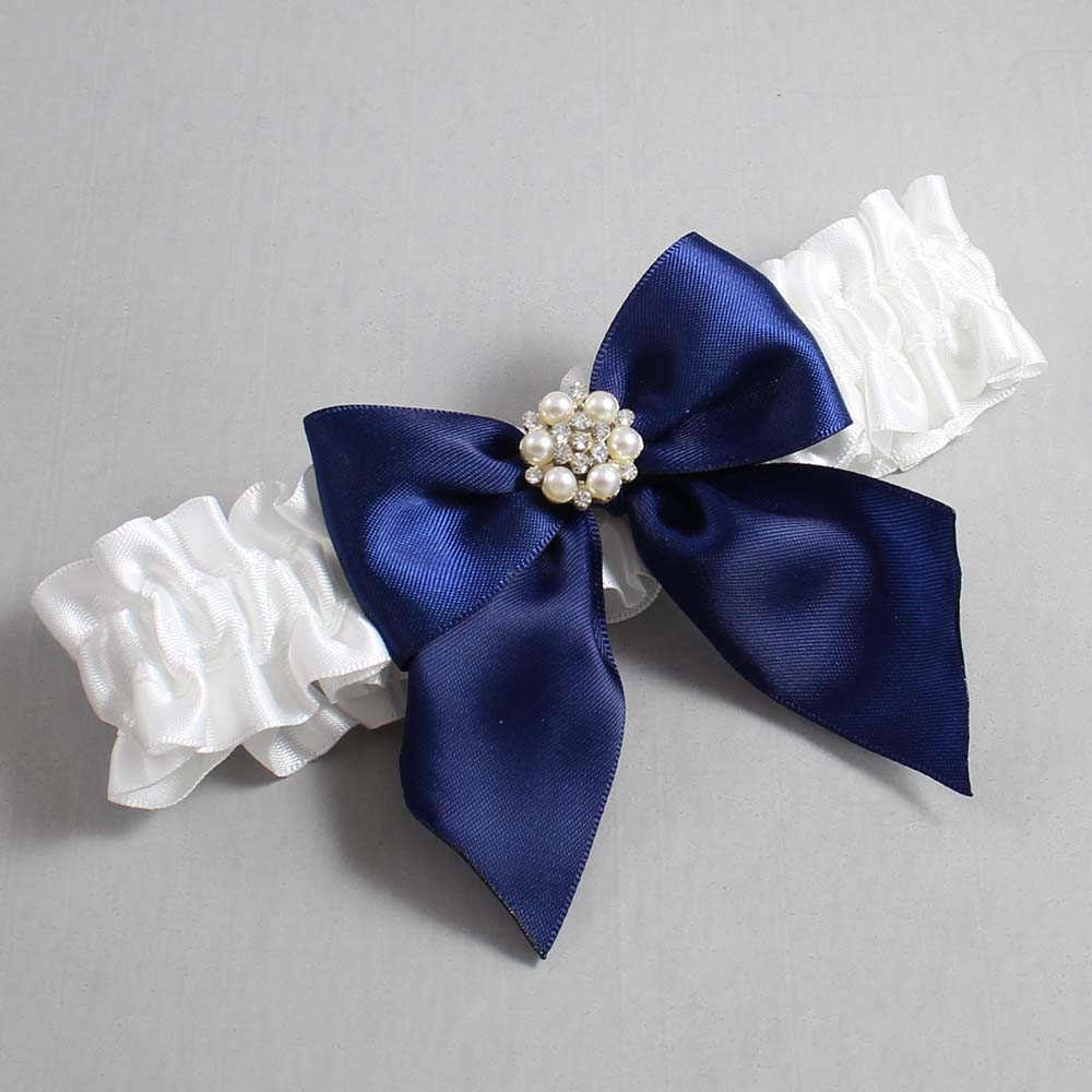 White and Navy Blue Satin Wedding Garter / White and Blue Wedding Garters / Wedding Garter / Custom Wedding Garter / Bridal Garter / Prom Garter / Linda Joyce Couture / Personalized Garter / Personalized Wedding Garter / Personalized Prom Garter