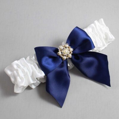 White and Navy Blue Satin Wedding Garter / White and Blue Wedding Garters / Wedding Garter / Custom Wedding Garter / Bridal Garter / Prom Garter / Linda Joyce Couture / Personalized Garter / Personalized Wedding Garter / Personalized Prom Garter