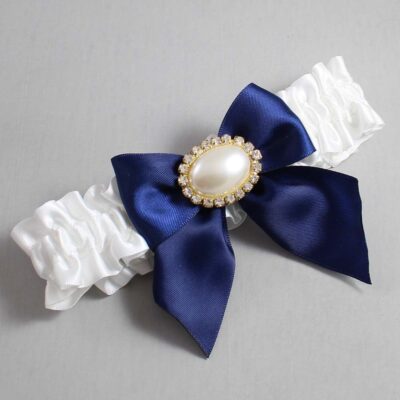 White and Navy Blue Satin Wedding Garter / White and Blue Wedding Garters / Wedding Garter / Custom Wedding Garter / Bridal Garter / Prom Garter / Linda Joyce Couture / Personalized Garter / Personalized Wedding Garter / Personalized Prom Garter